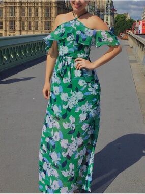 Floral Off-Shoulder Green Maxi Dress